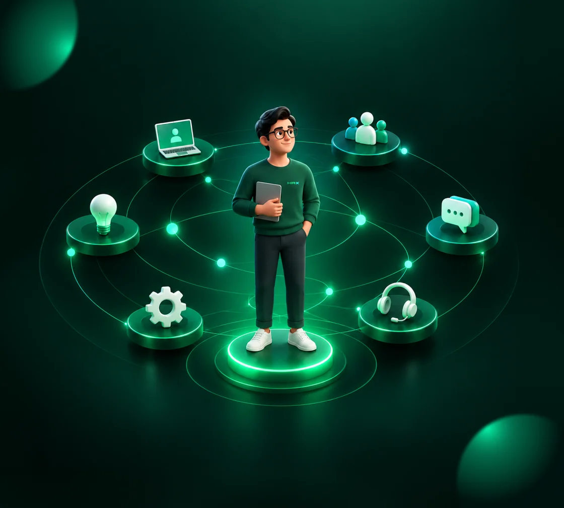 One person at the centre, surrounded by six roles